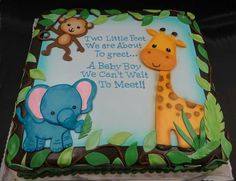 Safari Sheet Cake Ideas, Safari Sheet Cake, Cupcake Animals, Baby Shower Sheet Cake, Jungle Baby Shower Cake, Animal Baby Shower Cake, Baby Shower Sheet Cakes, Safari Baby Shower Cake, Baby Shower Desserts Boy