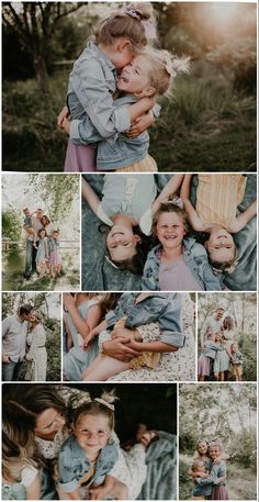 a collage of photos with people hugging each other in the middle and one woman holding two children