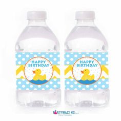 two water bottles with happy birthday rubber ducks on the front and one has a rubber ducky