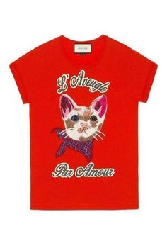 Gucci Cat Embroidered Cotton-Jersey T-shirt - Runway Catalog Gucci Cotton Tops With Embroidered Logo, Red Gucci Cotton Top, Casual Red Gucci Tops, Chevron Outfit, Chevron Jewelry, Embroidered Cat, Love Is Blind, Cat Applique, Cat Embroidery