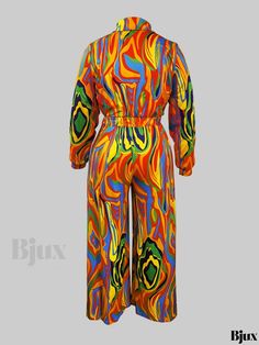 Bjux - Exquisite Plus Size Jumpsuit: Womens Elegant Fluid Print Long Sleeve Turn Down Collar Jumpsuit with Medium Stretch Retro Multicolor Summer Sets, Retro Multicolor Jumpsuits And Rompers For Summer, Casual Multicolor Party Sets, Multicolor Stretch Party Sets, Retro Multicolor Jumpsuits And Rompers For Spring, Casual Multicolor Printed Bodysuit, Casual Printed Multicolor Bodysuit, Multicolor Printed Long Sleeve Jumpsuits And Rompers, Stretch Multicolor Jumpsuits And Rompers For Party