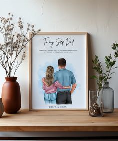 a couple is holding each other while standing next to some vases with flowers in them