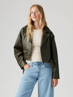 Elevate your style with our faux leather drop shoulder cropped moto jacket, featuring a removable belt for versatile styling options. Drop shoulder design for a relaxed and modern silhouette. Cropped length adds a contemporary edge to your look. Moto-inspired details including zippered cuffs and an asymmetrical front zipper closure. Removable belt for versatile styling options;cinch at the waist for a tailored fit or wear it loose for a laid-back vibe. Crafted from high-quality faux leather for a cruelty-free and sustainable alternative to traditional leather jackets. Casual Spring Belted Leather Jacket, Fall Cropped Belted Jacket, Casual Belted Biker Jacket For Fall, Trendy Spring Leather Jacket With Belt, Trendy Belted Leather Jacket For Spring, Levi's Trendy Long Sleeve Biker Jacket, Trendy Levi's Long Sleeve Biker Jacket, Levi's Spring Biker Outerwear, Modern Cropped Outerwear For Fall