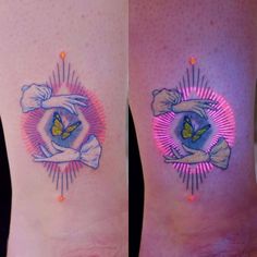 two tattoos on the legs of people with pink and blue ink, one is holding a butterfly