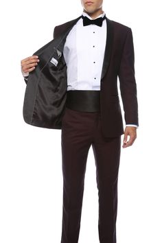 Tuxedo Ideas, Shawl Tuxedo, Men Dress Outfits, Prom Tux, Male Suit, Bow Tie Suit, Burgundy Tuxedo, Blazer Outfits Men