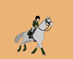 a person riding on the back of a white horse with a brown background and orange wall