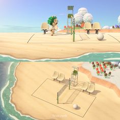 an animated beach volleyball game is shown in two separate screens, one showing the goal and the other showing the ball