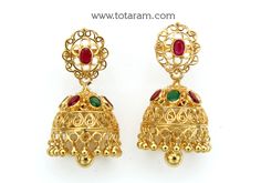 22 Karat Gold Jhumkas (Buttalu) for Women With Color Stones - 235-GJH2402 - in 11.650 Grams for USD $979.99. 
Made in India by Totaram Jewelers Online this product is in Gold - 22 Karat BIS Hallmark 916 KDM Gold  & is an excellent gift for Adult - Women. Ships fully insured with secured guaranteed delivery for free with your order over $250 from New Jersey USA & comes with 30 days exchange policy. 22k Gold Chandbali Jhumkas For Anniversary, 22k Gold Traditional Jhumkas For Anniversary, Traditional 22k Gold Jhumkas For Anniversary, Gold Jhumkas, 22k Gold Earrings, Color Stones, Gold Drop Earrings, Gifts For Adults, 22k Gold