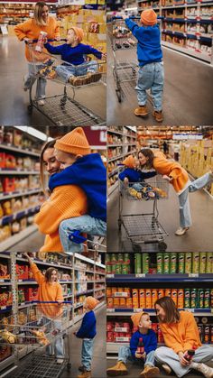 a woman in an orange hoodie pushing a shopping cart through a grocery store