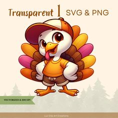 a cartoon turkey wearing a hat and orange shirt with the words transparente i svg & png