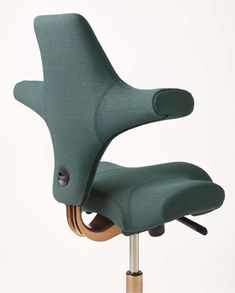 a green office chair sitting on top of a metal base with a wooden armrest