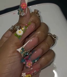 Duck Nails Flower, Acrylic Nail Designs Duck Nails, Cute Summer Duck Nails, Duck Nails With 3d Flowers, Duck Nails Colorful, Gel Acrylic Nails, Black Acrylic Nails, Homecoming Nails, Pink Ombre Nails