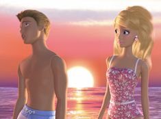 two people are standing on the beach at sunset, one is wearing a bathing suit