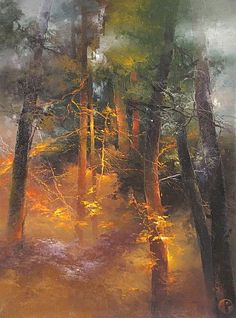 an oil painting of trees in the woods