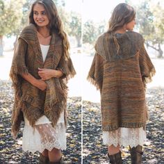 Price Is Firm 100% Acrylic Dimension 25" X 37" Bohemian Knit Poncho For Spring, One Size Soft Knit Poncho For Fall, Bohemian Soft Knit Sweater For Fall, Bohemian Fall Soft Knit Sweater, Fall Bohemian Soft Knit Sweater, Brown Fringe Poncho For Fall, Brown Fringed Poncho For Fall, Bohemian Knit Poncho, Cozy Poncho For Fall One Size