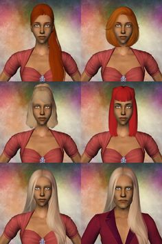 four different poses of a woman with long red hair and wearing a pink top,