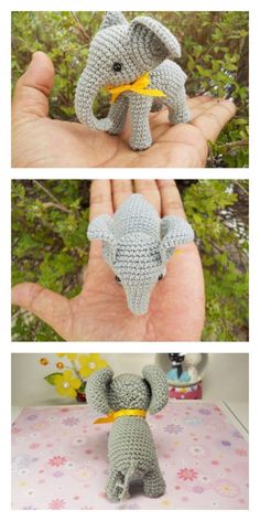 crocheted elephant with yellow tusks is shown in three different pictures