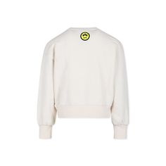 Color: Ivory Ivory sweatshirt in brushed cotton with long sleeves, with ribbed crew neck, cuffs and hem. It is embellished with smiley and palm tree embroidered on the front, fringes, iconic yellow smiley on the back. It comes with a yellow logo key ring. Made in Italy 100% Cotton. Hand wash. Trendy White Sweatshirt With Ribbed Collar, Yellow Logo, Golden Goose Shoes, Kenzo Kids, Stella Mccartney Kids, Brushed Cotton, Color Ivory, Luxury Boutique, Palm Tree