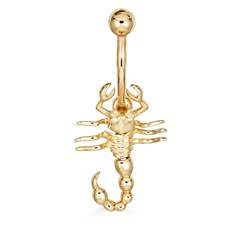 14K Gold Scorpion Belly Ring -14K Solid Gold Guarantee -14 gauge (standard) -4.34mm ball -1.84 grams -33.10mm length, 15.57mm width High quality jewelry made to last! ❤️ Made in NYC 🗽 Please contact with any questions. We are happy to assist! Scorpion Belly Button Piercing, Gold Frosting, Gold Scorpion, Earring Stacks, Bday Wishlist, Belly Button Piercing Jewelry, Gold Belly Ring, Identity Crisis, Lightning Bolt Earrings