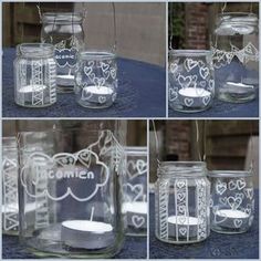 four different pictures of mason jars with candles in them and the words women written on each jar