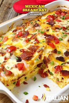 mexican lasagna breakfast casserole with bacon and tomatoes