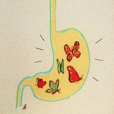 a drawing of a stomach with butterflies on it's side and an arrow pointing to the right