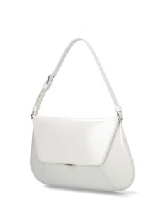 Amina Muaddi Ami shoulder bag in white brushed leather with adjustable handle, magnetic closure, engraved front logo, inner flat pocket, inner compartment. composition: 100% leathersize and fit: h 16. 5 x w 26. 5 x d 7 cm White Rectangular Baguette Bag With Adjustable Strap, White Baguette Tote Bag, White Baguette Tote Bag With Adjustable Strap, White Top Handle Baguette Bag Trendy, Trendy White Baguette Bag With Top Handle, Trendy White Top Handle Baguette Bag, White Satchel With Silver-tone Hardware For Formal Occasions, White Formal Satchel With Silver-tone Hardware, White Leather Shoulder Flap Bag