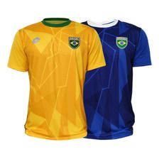 three soccer jerseys with different colors and designs on the front, one in blue, one in yellow