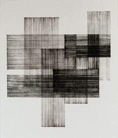 an abstract black and white painting with lines on the bottom half of it, including squares