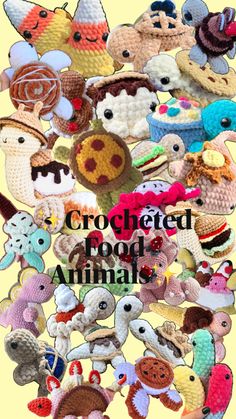 crocheted food and animal toys are arranged in the shape of a circle on a yellow background