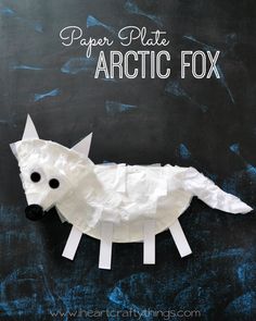 paper plate arctic fox craft on a blackboard with the words paper plate arctic fox