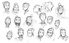 some sketches of different facial expressions for the character's head and shoulders, with one being