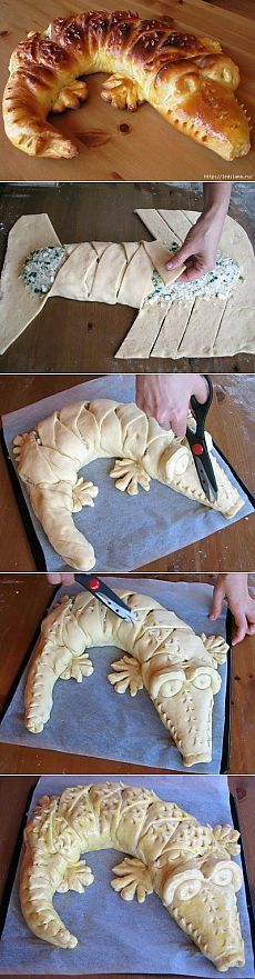 the process of making bread is being made with different stages of baking and then cut into pieces