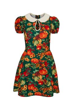 Printed mini dress Green base with scattered painted pumpkins and nature motifs Short puff sleeves with elasticated cuffs Ivory peter pan collar with keyhole on chest Fitted bodice that flares out at waist Zip fastening on centre back Fabric content: 95% Polyester 5% Elastane Fit advice: Fabric has stretch, stick to sizing advised on size guide for bust & waist Length: Dress is 84cm from back neckline to hem for size Small, then slightly increases per size Model: Cassey is 5.7ft and is wearing s Nature Motifs, Tiki Party, A Line Shorts, Wiggle Dress, Painted Pumpkins, Pan Collar, Peter Pan Collar, Printed Mini Dress, Blazer Coat