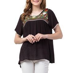 Raj Grace Blouse We love the Grace blouse for its timeless simplicity and subtle patterns. Just pair it with your favorite jeans and you're ready to go. Black Rayon Top With Relaxed Fit, Black Rayon Tops With Relaxed Fit, Casual Embroidered Rayon Blouse, Timeless Simplicity, Blouse Necklines, Black Peach, The Grace, Pullover Designs, Orange White