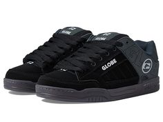 Globe Tilt - Men's Skate Shoes : Black/Brown : Keep your style going strong with the iconic silhouette and cushioned support of the Globe Tilt skate shoes. Skateboard shoes with leather uppers. Large Globe brandings on upper. Flush and stitched PVC lace eyelets. Hidden lacing options in key areas for added lace protection. Thicker outer sidewalls for added durability. Padded tongue and collar for added comfort. Breathable slip-resistant lining for a more stable skate. Cupsole construction. Rubbe Black Skate Shoes With Laces For Skateboarding, Black Skate Shoes With Laces, Low-top Skate Shoes With Laces For Skateboarding, Low-top Lace Skate Shoes For Skateboarding, Low-top Skate Shoes With Laces, Studded Lace-up Sneakers For Skateboarding, Lace-up Rubber Sole Skate Shoes, Lace-up Skate Shoes With Rubber Sole, Urban Leather Skate Shoes With Laces