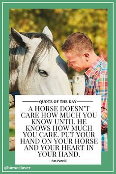 a man standing next to a white horse with a quote on it that says,