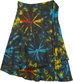 A summer carnation multicolored wrap around waist knee-length skirt with cool hippie tie-dye effect in jersey cotton knit fabric. The tie-dye is done with blue, yellow, green and orange colors. This skirt has a slight flare and is a chic choice for boho parties and beach vacation. You can wear this skirt with tops of different colors. A casual summer skirt that goes with every fashion style. Wear big and chunky jewelry pieces to complete the boho look. You can adjust the length of the skirt by t Casual Batik Print Bottoms For Summer, Summer Cotton Bottoms With Batik Print, Summer Bohemian Batik Print Skirt, Bohemian Batik Print Skirt For Summer, Multicolor Cotton Wrap Skirt For Spring, Bohemian Batik Print Summer Skirt, Spring Multicolor Cotton Wrap Skirt, Summer Cotton Tie-dye Skirt, Summer Cotton Tie Dye Skirt