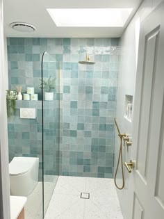 a white toilet sitting next to a walk in shower under a skylight on top of a tiled wall