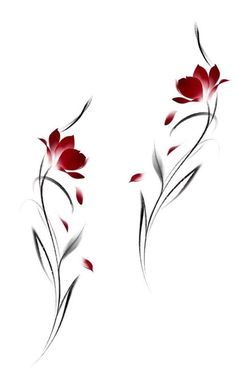 two red flowers on white background with black and grey lines in the middle, one flower is