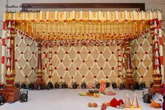 Golden Stage Decoration, Pelli Mandapam Decoration Telugu, Muhurtham Stage Decoration, Traditional Wedding Mandap, Wedding Mandap Ideas, Muhurtham Decor, Wedding Manifestation, Mandapam Decoration, Mandap Ideas