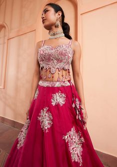 Shine like ruby in this patch embroidery skirt matched with a full coverage blouse and dupatta to complete the look. Organza Lehenga, Embroidery Skirt, Patch Embroidery, Embroidered Lehenga, French Knots, Bridal Lehenga, Set For Women, Aza Fashion, Lehenga