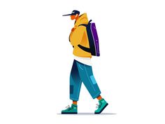 a man walking with a backpack on his back and holding a pipe in his mouth