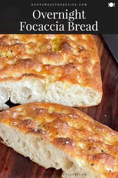 two loaves of focaccia bread on a cutting board with text overlay