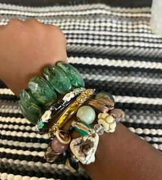 Green, gold, bracelets Earthy Girl, Bracelet Combo, Fire Jewelry, Earthy Aesthetic, Wire Wrapped Jewelry Diy, Cute Bracelet, Branding Inspo