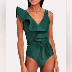 Very Glamorous Green Swimsuit One-Piece. Accentuate Your Curves With The Belt. Size Large. Sleeveless Ruffle One Piece For Beach, Sleeveless Ruffled One Piece For Beach, Ruffled One Piece For Beach Party, Chic Ruffled One Piece For Pool, Chic Ruffled One-piece For Pool, Spring Beach Party Ruffled One Pieces, Elegant Sleeveless Ruffled One Piece, Green Summer Party One-piece, Elegant One-piece With Ruffles