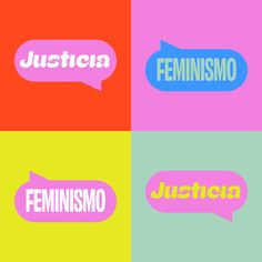 four different colored speech bubbles with the words feminist and justicia written on them in various languages