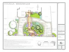 a plan for a garden with trees, bushes and other landscaping items on it's side