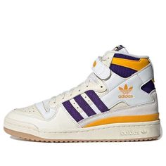 Adidas Originals Forum 84 High Shoes 'Cream White Collegiate Purple Collegiate Gold' GX9054 (SNKR/Lakers) High-top Cream Skate Shoes For Sports, Cream High-top Sneakers For Sports, High-top Synthetic Sneakers With Three Stripes Branding, Cream Adidas Sneakers For Streetwear, Cream Low-top Basketball Shoes For Sports, Sporty Cream Adidas Sneakers, Cream High-top Sneakers With Cushioned Footbed For Sports, Cream High-top Sneakers With Cushioned Footbed, High-top Adidas Basketball Shoes With Three Stripes