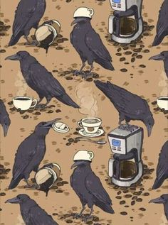 a bunch of birds that are standing in the dirt with some cups and saucers